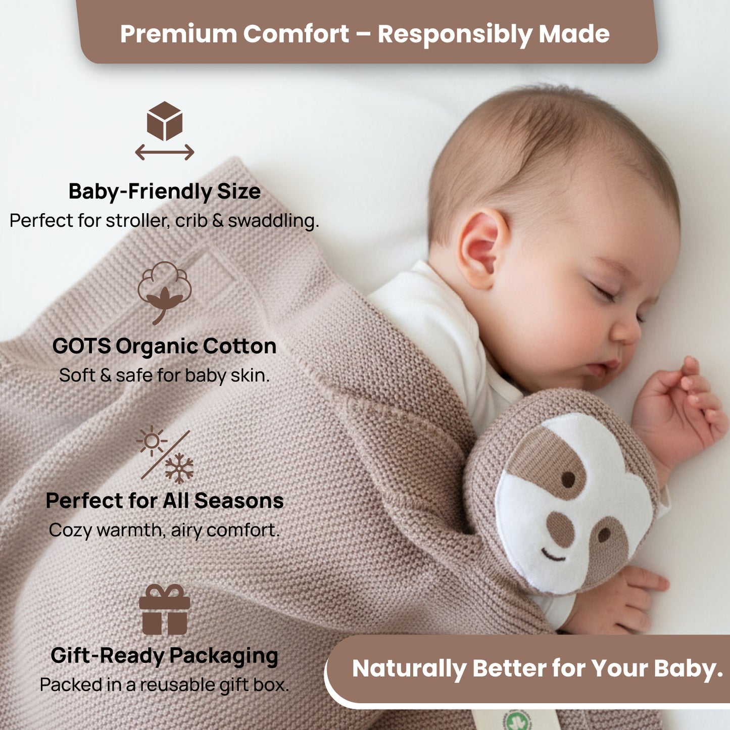 Little Dedi 100% Organic Cotton Baby Blanket, Stone, 80 x 100 cm, Sloth Design, Handmade Soft & Breathable Infant Swaddle Blanket, Crib, Stroller