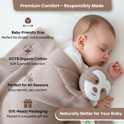 Little Dedi 100% Organic Cotton Baby Blanket, Stone, 80 x 100 cm, Sloth Design, Handmade Soft & Breathable Infant Swaddle Blanket, Crib, Stroller