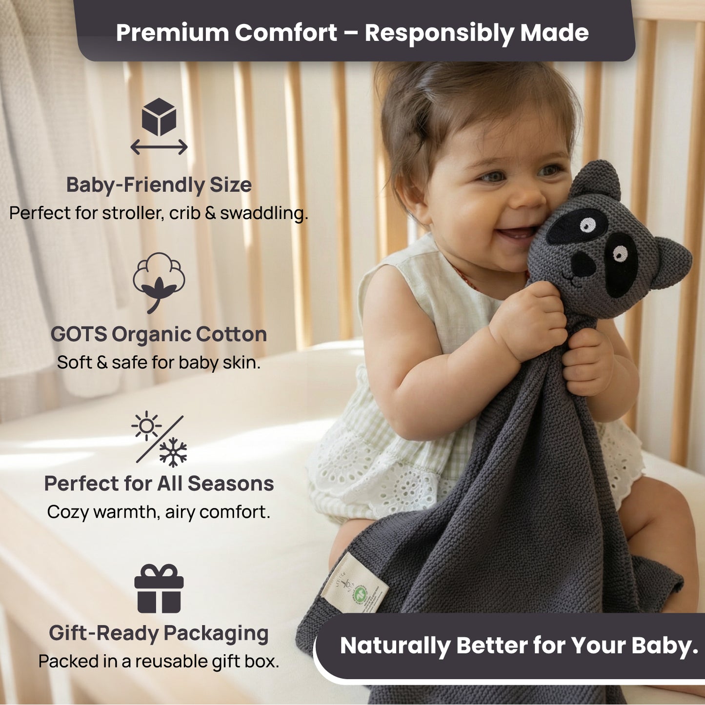 Little Dedi 100% Organic Cotton Baby Blanket, Charcoal, 80 x 100 cm, Raccoon Design, Handmade Soft & Breathable Infant Swaddle Blanket, Crib, Pram & Newborn Gift