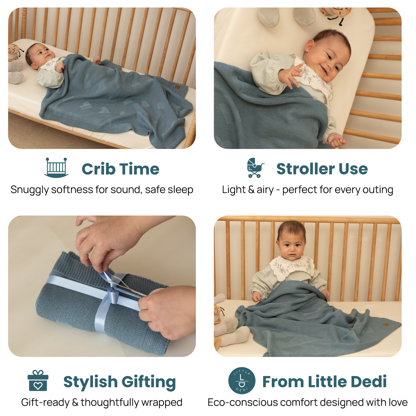 Little Dedi Soft Baby Knitted Blanket - Soft Toddler, Crib, Stroller Blanket - Neutral Swaddle and Receiving Blanket for Newborns, 30 x 40 in, Smoke Blue Design: Hearts