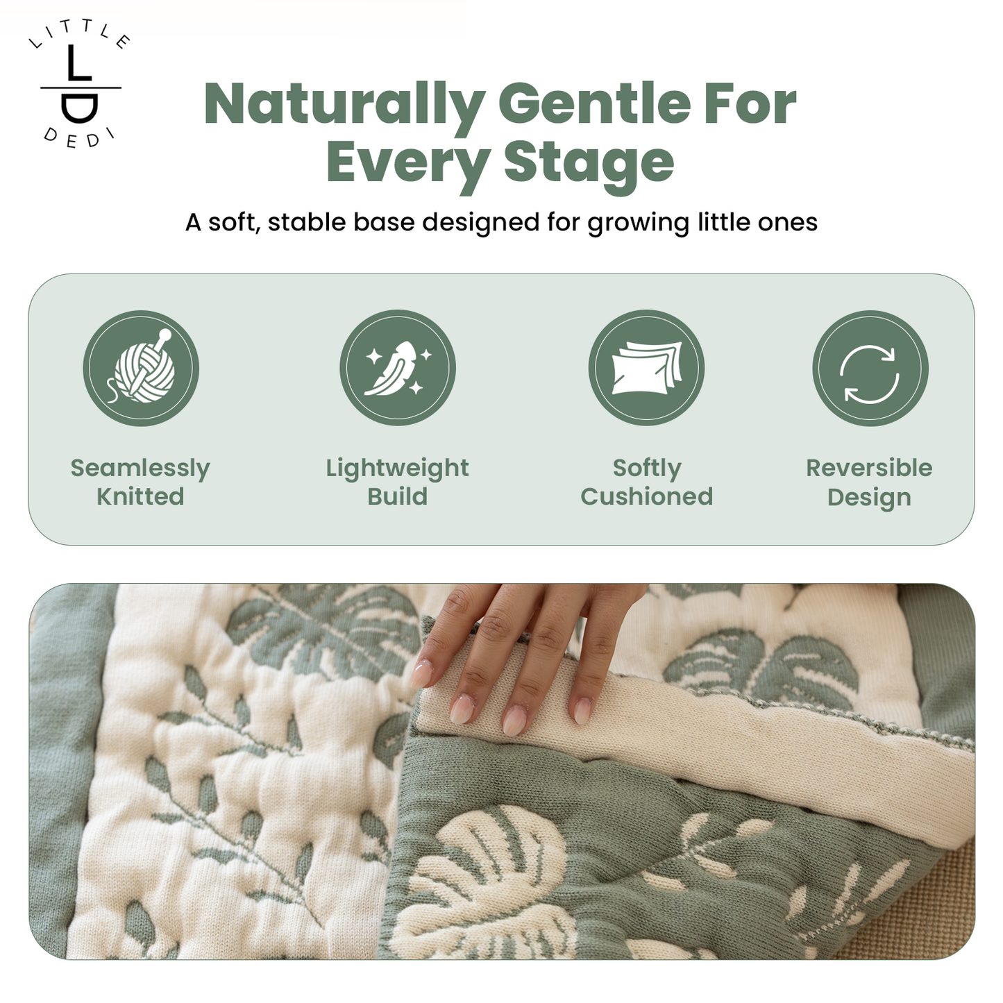 Little Dedi Organic Baby Changing Mat 20x33 Inch – OCS Certified Turkish Cotton Quilted Diaper Pad – Reversible, Soft, Washable Portable Mat for Newborn Travel – Monstera Leaf Green Beige