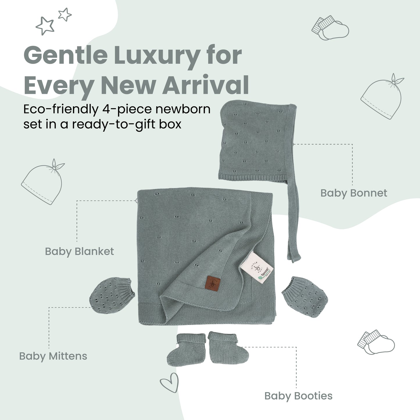 Little Dedi Soft Baby Blanket Gift Set Green– Includes Soft Knit Pointelle Blanket 30"x40", Baby Hat, Gloves & Booties – Eco-Friendly Newborn Essentials in Gift Box