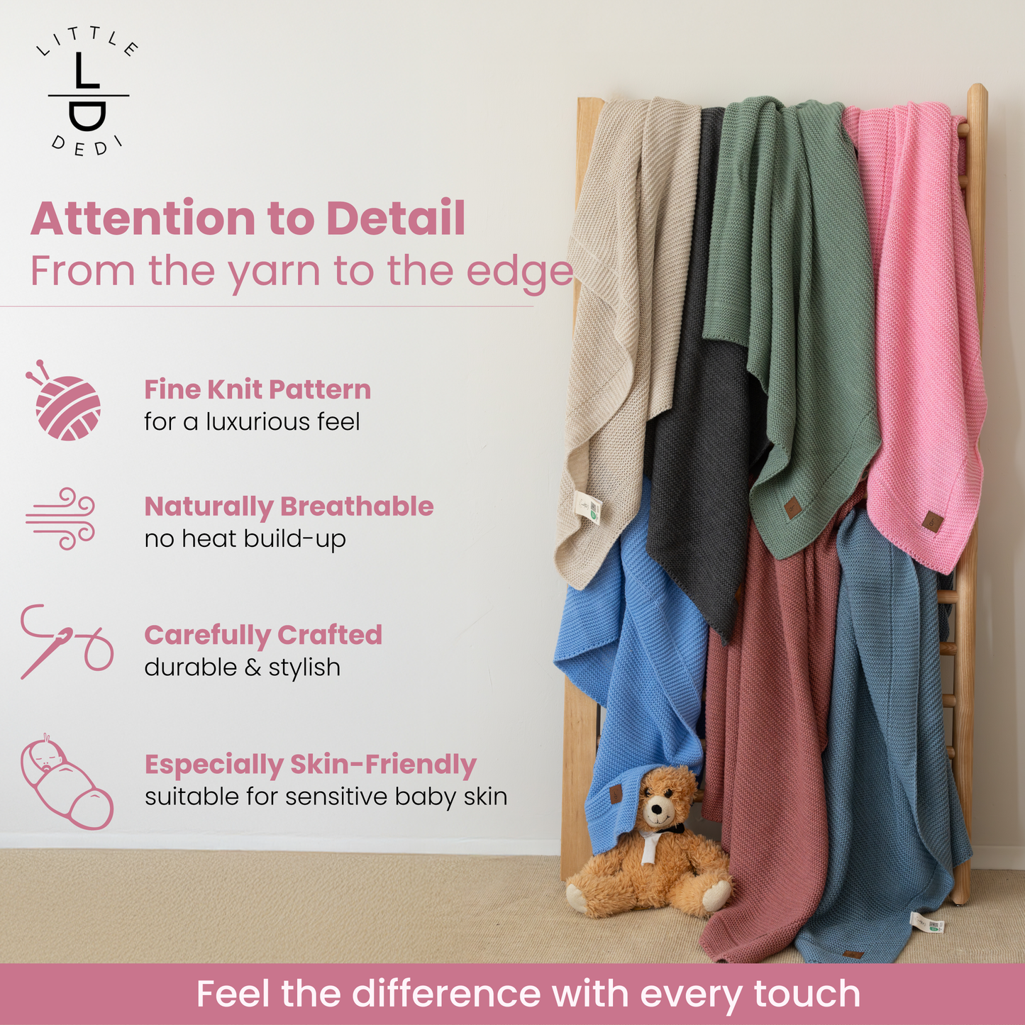 Little Dedi Alina Pink Baby Blanket – Soft Knitted Blanket for Babies 31 x 39 in, – Cuddly & Breathable – Oeko-TEX Certified – Ideal for Newborns, Strollers & Cribs