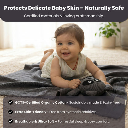 Little Dedi 100% Organic Cotton Baby Blanket, Charcoal, 80 x 100 cm, Raccoon Design, Handmade Soft & Breathable Infant Swaddle Blanket, Crib, Pram & Newborn Gift