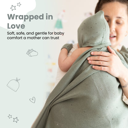 Little Dedi Soft Baby Blanket Gift Set Green– Includes Soft Knit Pointelle Blanket 30"x40", Baby Hat, Gloves & Booties – Eco-Friendly Newborn Essentials in Gift Box