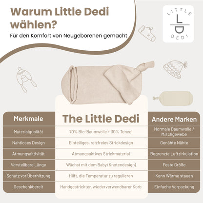 Little Dedi Soma Bebek Örgü Kozası – Yenidoğanlar İçin %70 Organik Pamuk ve %30 Tencel Kundak Torbası | Ayarlanabilir Düğümlü Dikişsiz Nefes Alabilen Koza | Hafif Doğal Bej | Hediye Sepeti Dahil