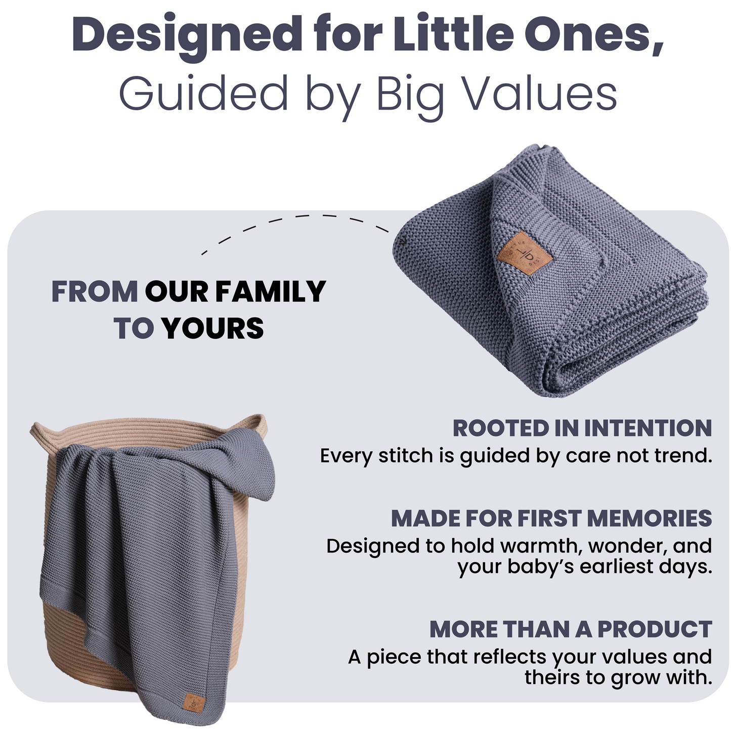 Little Dedi %100 Organik Pamuk GOTS Sertifikalı Bebek Örgü Battaniyesi, Hediye Kutulu - Yumuşak Bebek, Beşik, Puset Battaniyesi - Yenidoğanlar için Nötr Kundak ve Puset Örtüsü, 76x101 cm, Gri Mavi