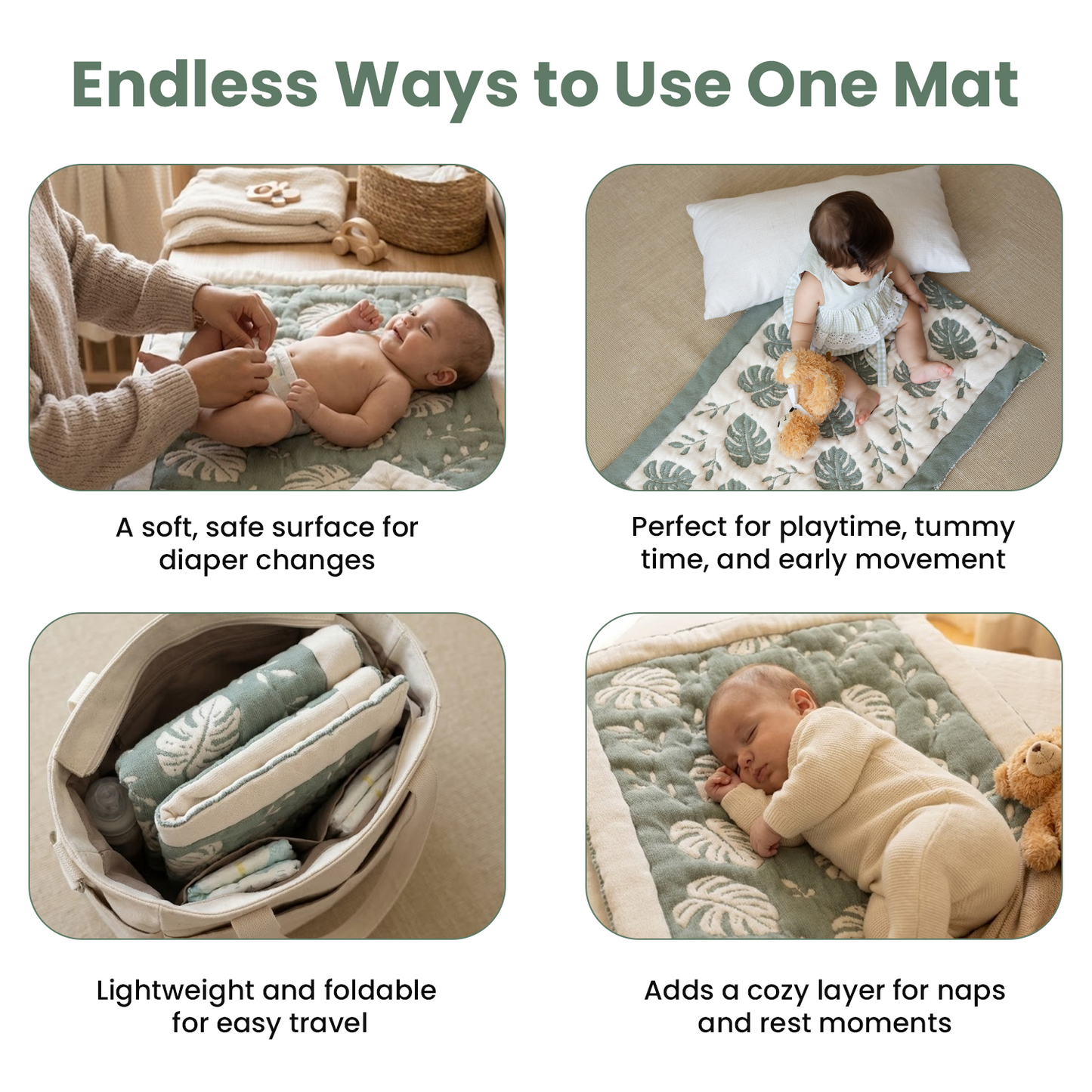 Little Dedi Organic Baby Changing Mat 20x33 Inch – OCS Certified Turkish Cotton Quilted Diaper Pad – Reversible, Soft, Washable Portable Mat for Newborn Travel – Monstera Leaf Green Beige