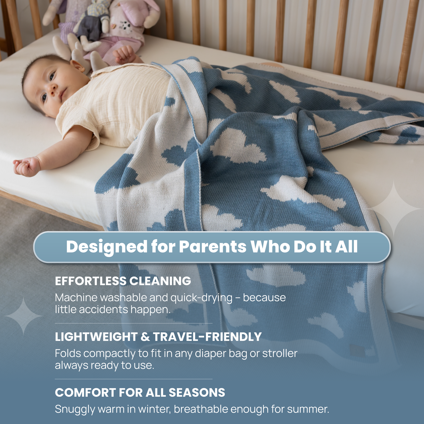 Little Dedi Baby Blanket 30x40 in – Soft, Reversible Acrylic Knit Blanket with Bow – Oeko-TEX Certified – Cloud Smoke Blue