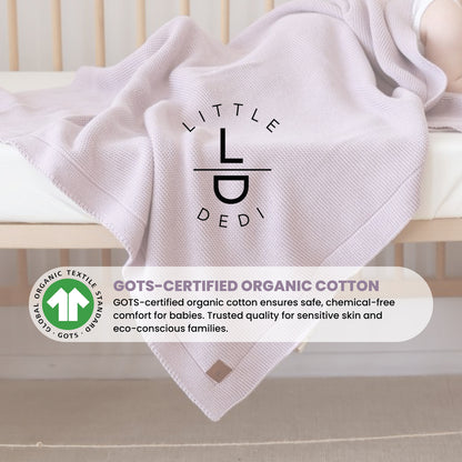 Little Dedi %100 Organik Pamuk GOTS Sertifikalı Hediye Kutulu Bebek Örgü Battaniye - Yumuşak Bebek, Beşik, Puset Battaniyesi - Yenidoğanlar için Nötr Kundak ve Puset Örtüsü, 76x101 cm, Lavanta Frost