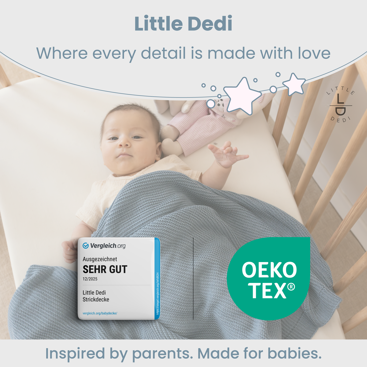Little Dedi Alina Yumuşak Örme Bebek Battaniyesi, 76 x 101 cm, Duman Mavisi – Yumuşak ve Nefes Alabilir – Oeko-Tex Sertifikalı – Hafif ve Rahat – Yenidoğanlar, Bebekler, Beşikler ve Bebek Arabaları için Mükemmel