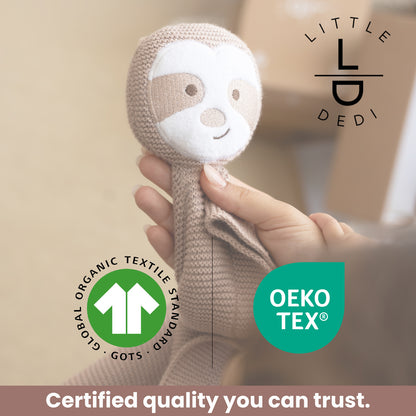 Little Dedi 100% Organic Cotton Baby Blanket, Stone, 80 x 100 cm, Sloth Design, Handmade Soft & Breathable Infant Swaddle Blanket, Crib, Stroller