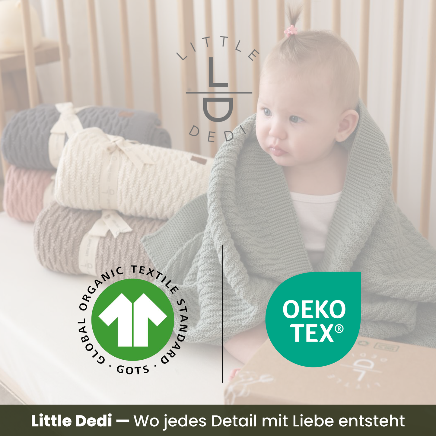 Little Dedi 100% Organic Cotton Baby Knitted Blanket with Gift Box - Soft Toddler, Crib, Stroller Blanket - Neutral Swaddle and Receiving Blanket for Newborns, 30"x40", Pepper Green