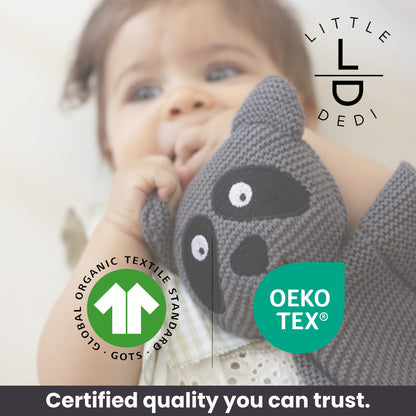Little Dedi 100% Organic Cotton Baby Blanket, Charcoal, 80 x 100 cm, Raccoon Design, Handmade Soft & Breathable Infant Swaddle Blanket, Crib, Pram & Newborn Gift