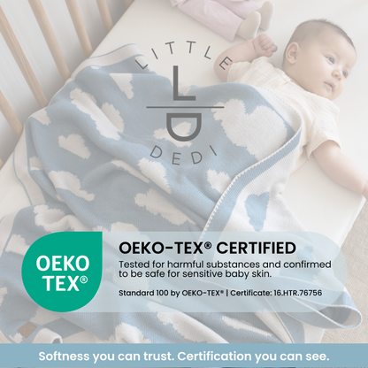 Little Dedi Baby Blanket 30x40 in – Soft, Reversible Acrylic Knit Blanket with Bow – Oeko-TEX Certified – Cloud Smoke Blue