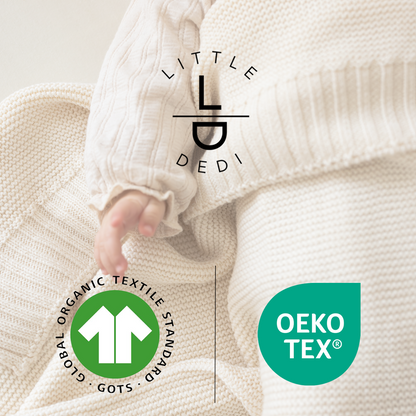 Little Dedi Organik Bebek Battaniyesi Hediye Seti, Yeniden Kullanılabilir Sepet ile – Ultra Yumuşak GOTS Pamuk ve Tencel Örgü – Yenidoğanlar ve Bebekler için 76x102 Nefes Alabilen Süveter Örgü Battaniye – Earth Ivory (Bej)