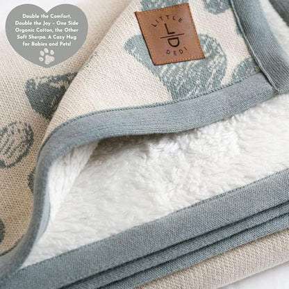 Little Dedi Small Pet Blanket - 100% Organic Cotton, Double Layer Plush Sherpa, Soft Plush, Pink Jacquard Paw Knit, 30"x38", Ideal Cat Blanket - Soft and Warm