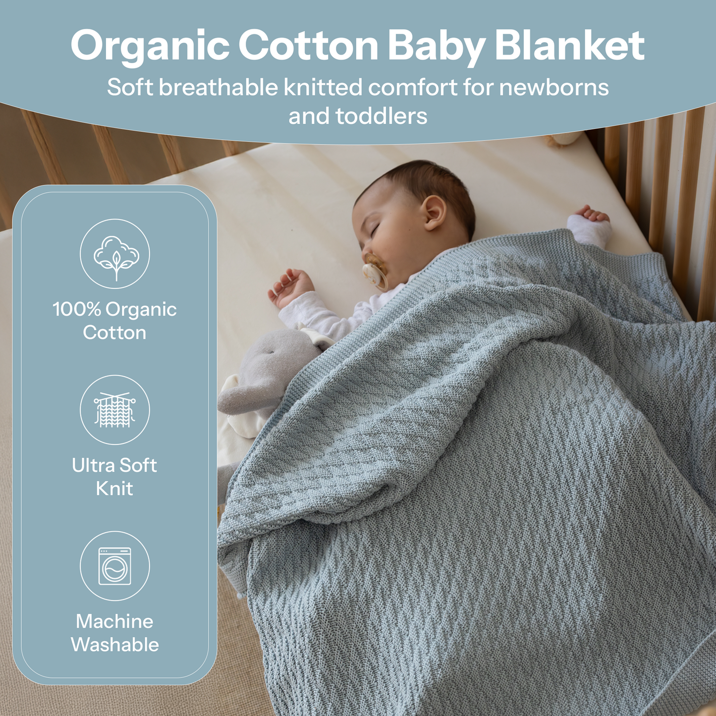 Little Dedi 100% Organic Cotton Baby Knitted Blanket with Gift Box - Soft Toddler, Crib, Stroller Blanket - Neutral Swaddle and Receiving Blanket for Newborns, 30"x40", Baby Blue