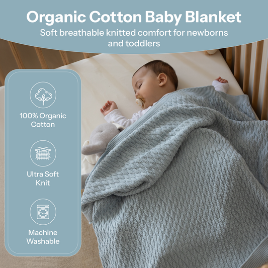 Little Dedi 100% Organic Cotton Baby Knitted Blanket with Gift Box - Soft Toddler, Crib, Stroller Blanket - Neutral Swaddle and Receiving Blanket for Newborns, 30"x40", Baby Blue