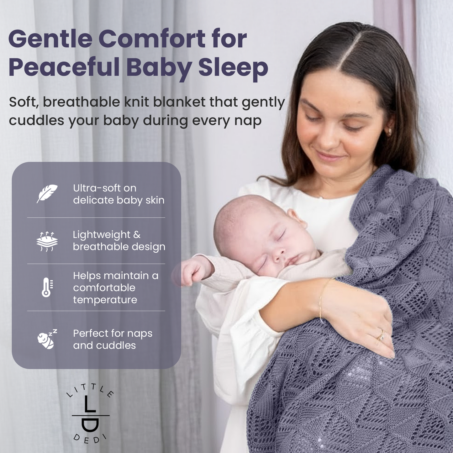 Little Dedi Emily Design 100% Organic Cotton Baby Blanket 80 x 100 cm Dark Grey - GOTS Certified, Soft Swaddling Cloth, 80 x 100 cm, Gender Neutral, Newborn Cuddly Blanket