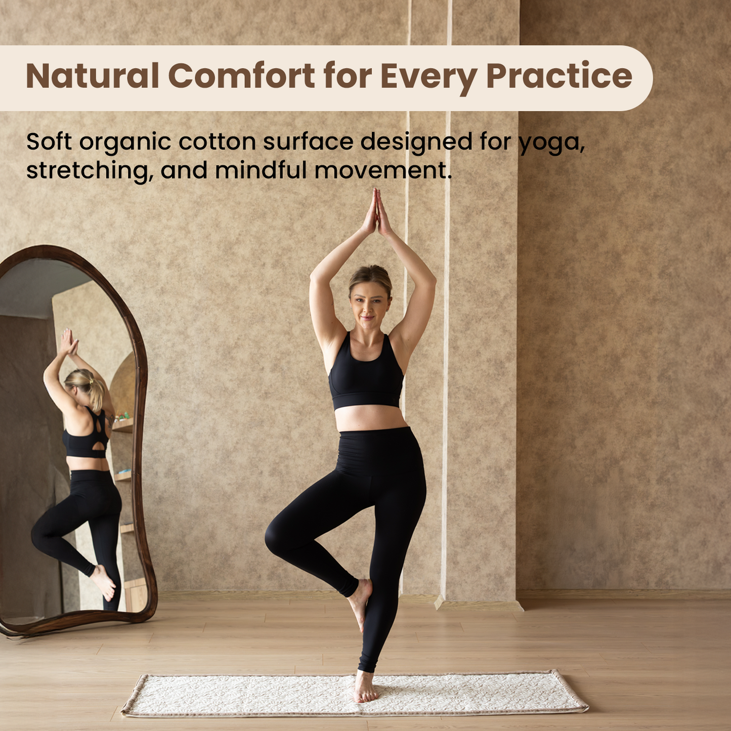 DALISA Organic Cotton Yoga Mat 24x67, Reversible & Seamless, Super Soft Sustainable Exercise Mat with Non-Slip Support, Includes Cotton Carry Bag - Cream/Mocha