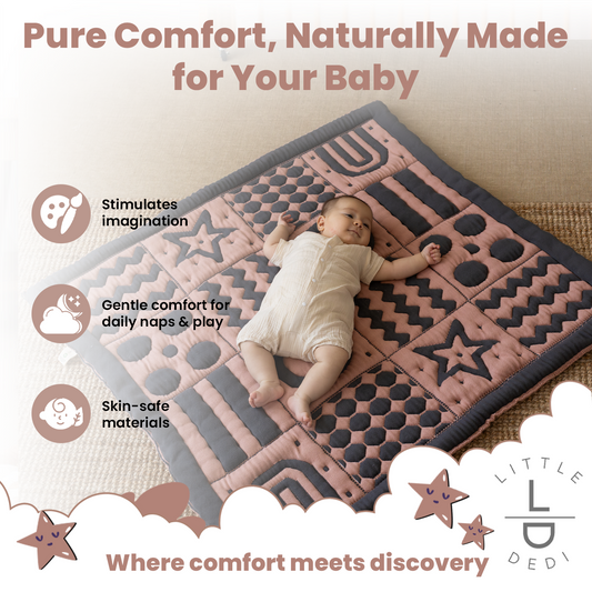 3D Soft Organic Cotton Crawling Blanket – GOTS Certified, 40x40 in Montessori Design for Motor Skill Development, Reversible, No Loose Threads – Washable & Sustainable