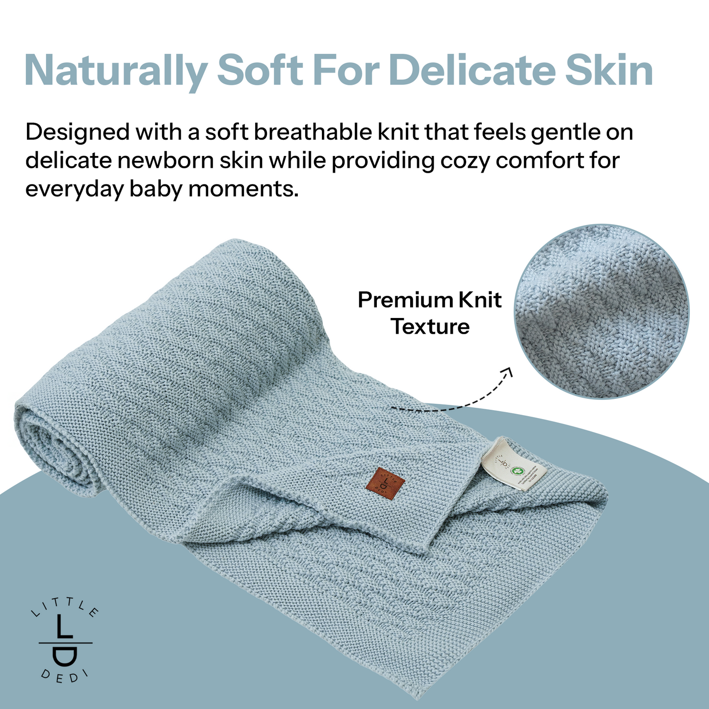 Little Dedi 100% Organic Cotton Baby Knitted Blanket with Gift Box - Soft Toddler, Crib, Stroller Blanket - Neutral Swaddle and Receiving Blanket for Newborns, 30"x40", Baby Blue