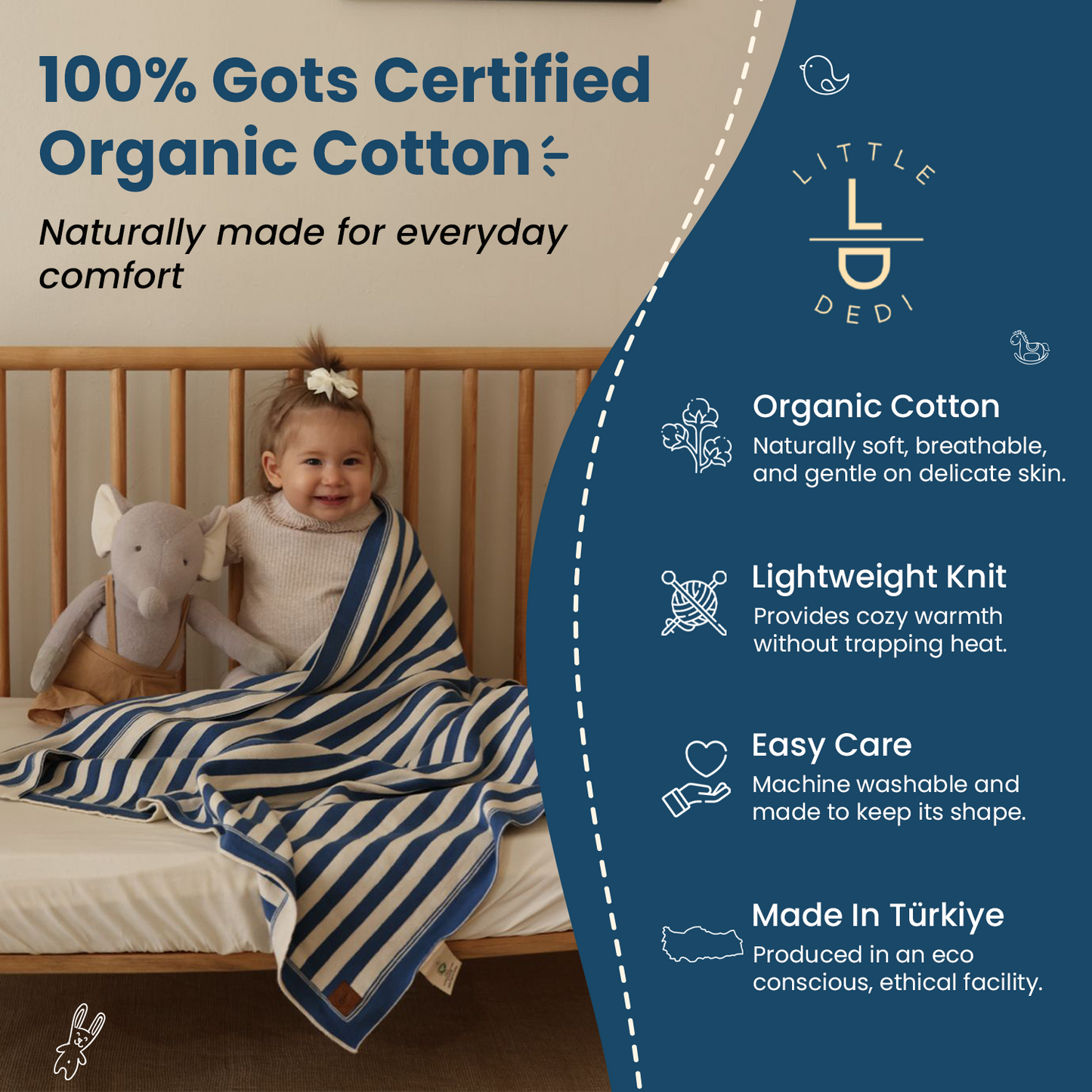 Little Dedi Amelia 100% Cotton GOTS Organic Certified Earth Ivory/Aegean Blue
