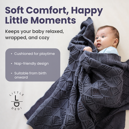 Little Dedi Emily Design 100% Organic Cotton Baby Blanket 80 x 100 cm Dark Grey - GOTS Certified, Soft Swaddling Cloth, 80 x 100 cm, Gender Neutral, Newborn Cuddly Blanket