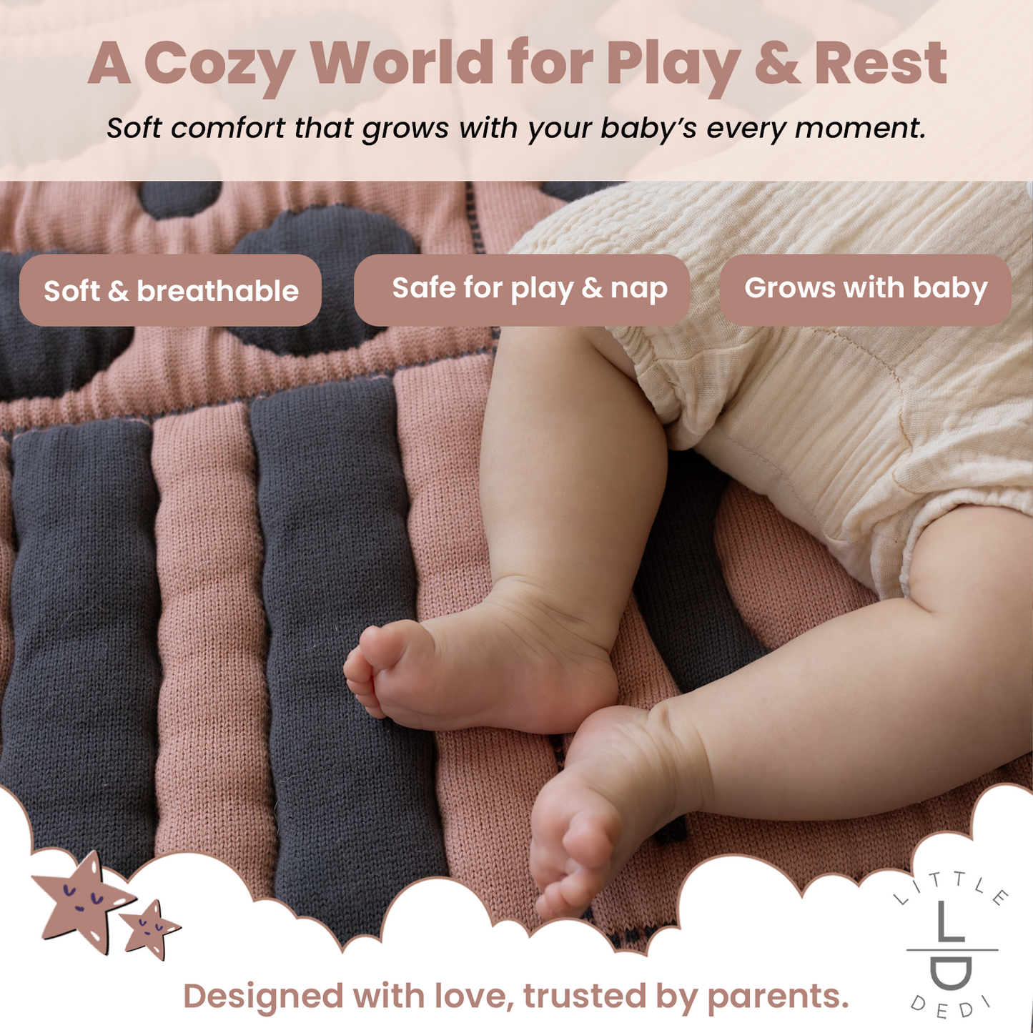 3D Soft Organic Cotton Crawling Blanket – GOTS Certified, 40x40 in Montessori Design for Motor Skill Development, Reversible, No Loose Threads – Washable & Sustainable