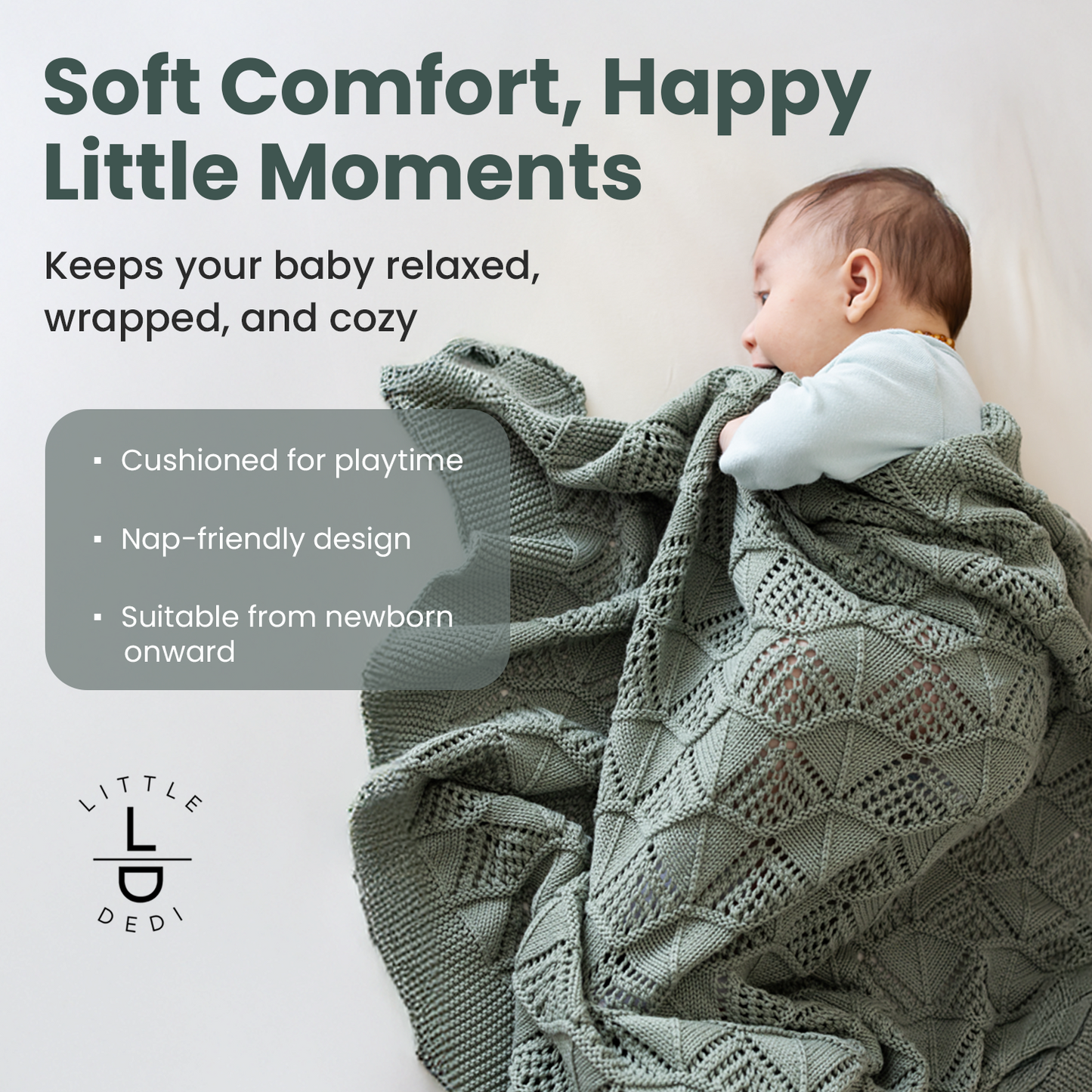 Little Dedi Hypoallergenic Baby Blanket - 30x40 Inches, Green, Oeko-TEX® Certified, Thermal-Regulating, Silky Soft Knit in Sage for Girls & Boys - Swaddle, Toddler, or Receiving Blanket