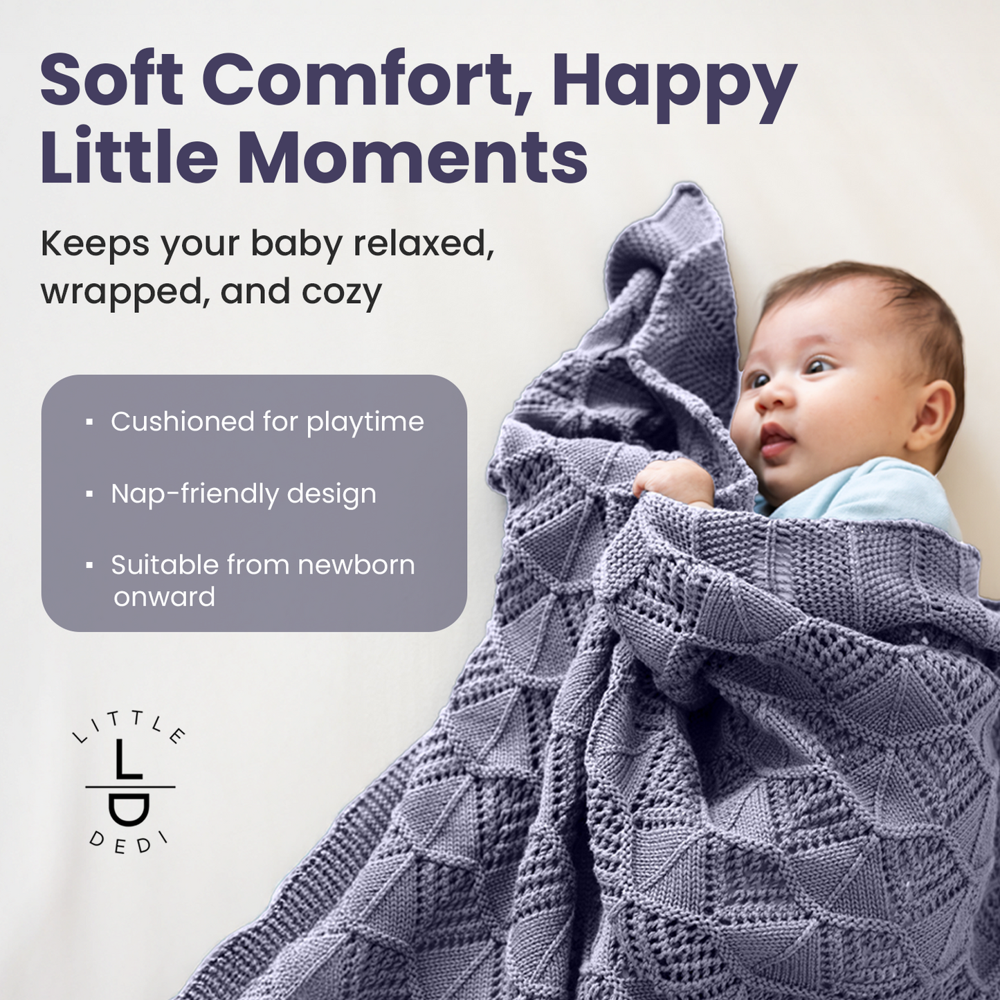 Little Dedi Hypoallergenic Baby Blanket - 30x40 Inches Grey Blue, Oeko-TEX® Certified, Thermal-Regulating, Silky Soft Knit Neutral for Girls & Boys - Swaddle, Toddler, or Receiving Blanket