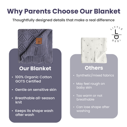 Little Dedi Emily Design 100% Organic Cotton Baby Blanket 80 x 100 cm Dark Grey - GOTS Certified, Soft Swaddling Cloth, 80 x 100 cm, Gender Neutral, Newborn Cuddly Blanket