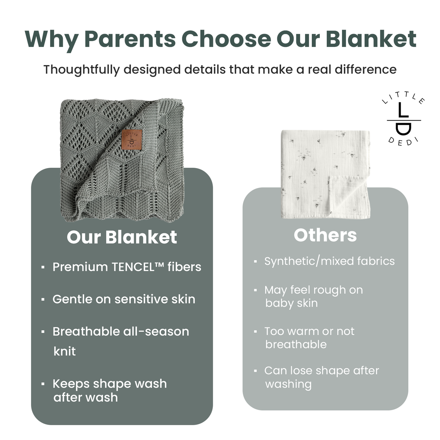 Little Dedi Hypoallergenic Baby Blanket - 30x40 Inches, Green, Oeko-TEX® Certified, Thermal-Regulating, Silky Soft Knit in Sage for Girls & Boys - Swaddle, Toddler, or Receiving Blanket