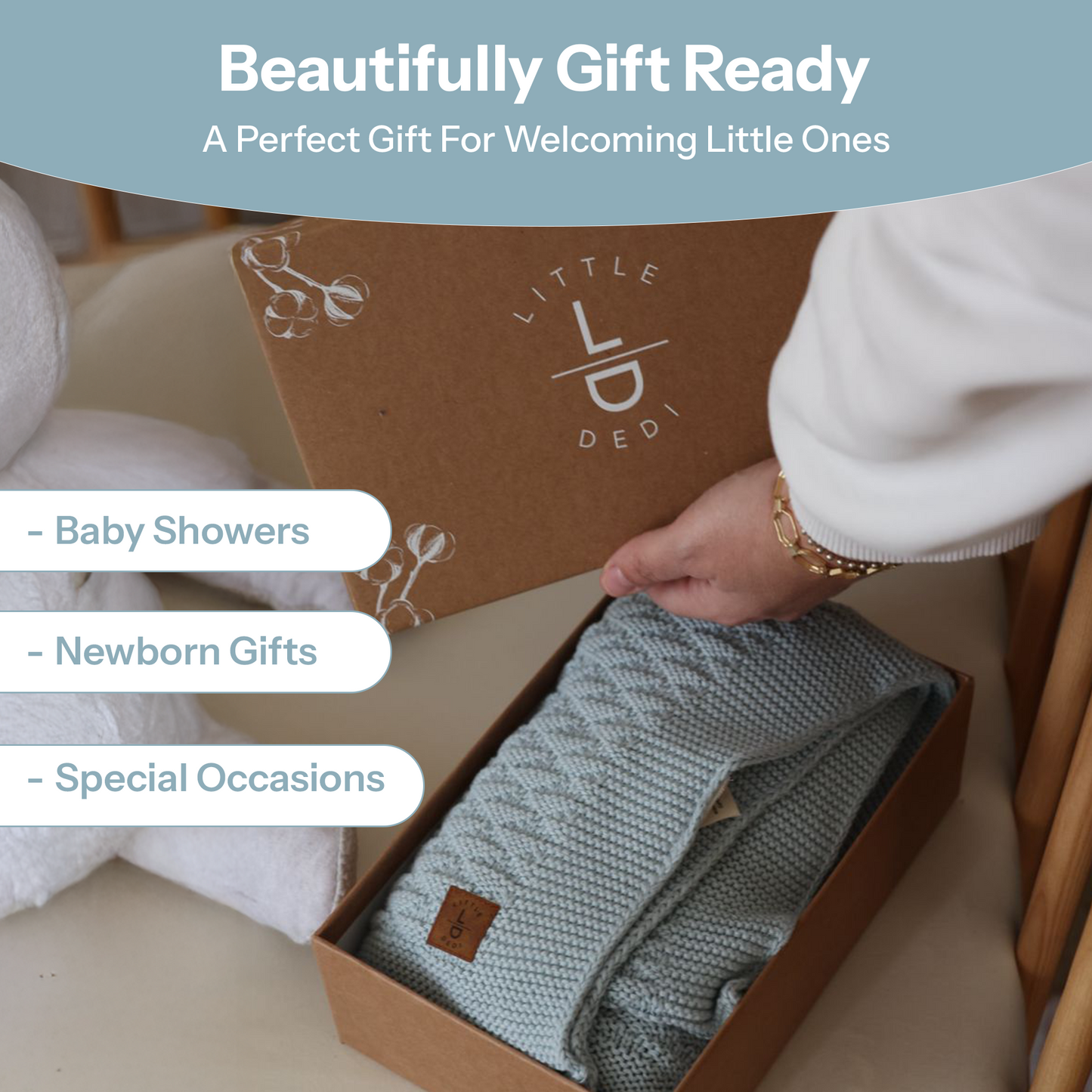 Little Dedi 100% Organic Cotton Baby Knitted Blanket with Gift Box - Soft Toddler, Crib, Stroller Blanket - Neutral Swaddle and Receiving Blanket for Newborns, 30"x40", Baby Blue