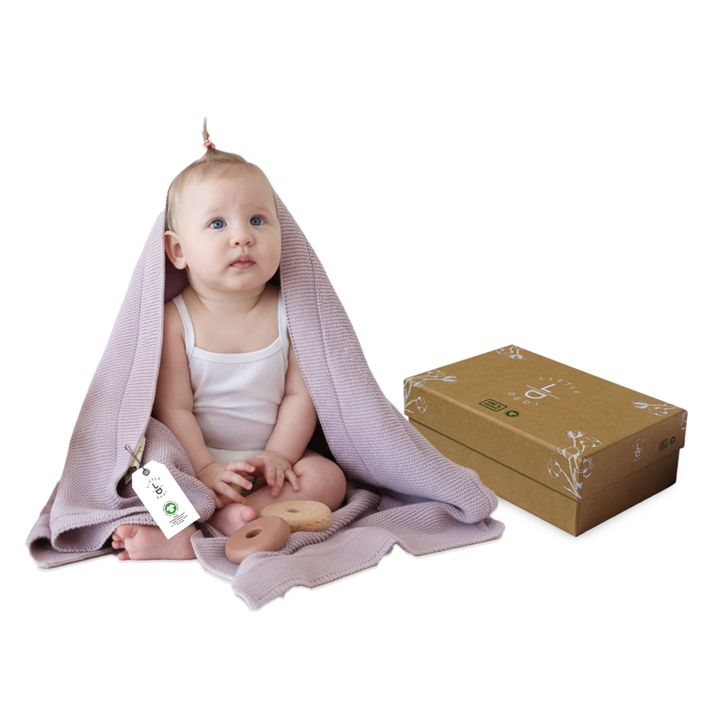 Little Dedi %100 Organik Pamuk GOTS Sertifikalı Hediye Kutulu Bebek Örgü Battaniye - Yumuşak Bebek, Beşik, Puset Battaniyesi - Yenidoğanlar için Nötr Kundak ve Puset Örtüsü, 76x101 cm, Lavanta Frost