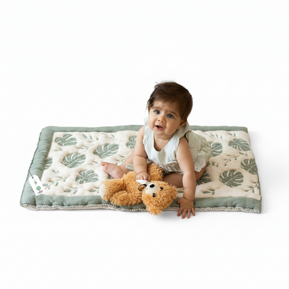 Little Dedi Organic Baby Changing Mat 20x33 Inch – OCS Certified Turkish Cotton Quilted Diaper Pad – Reversible, Soft, Washable Portable Mat for Newborn Travel – Monstera Leaf Green Beige