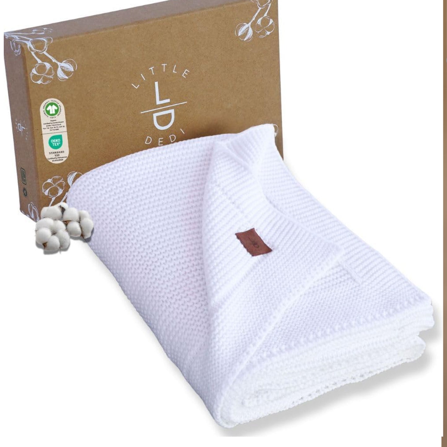 Little Dedi 100% Organic Cotton Baby Knitted Blanket with Gift Box - Soft Toddler, Crib, Stroller Blanket - Neutral Swaddle and Receiving Blanket for Newborns, 30"x40", White