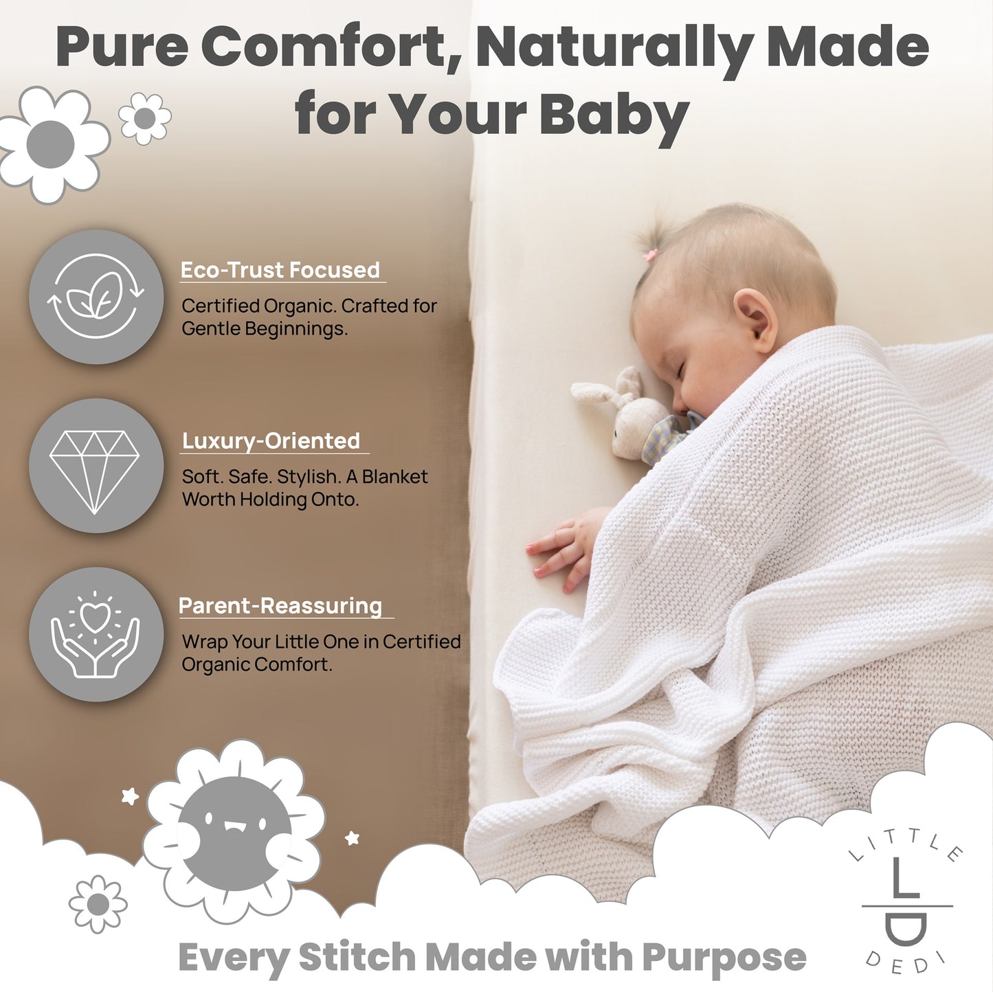 Little Dedi 100% Organic Cotton Baby Knitted Blanket with Gift Box - Soft Toddler, Crib, Stroller Blanket - Neutral Swaddle and Receiving Blanket for Newborns, 30"x40", White