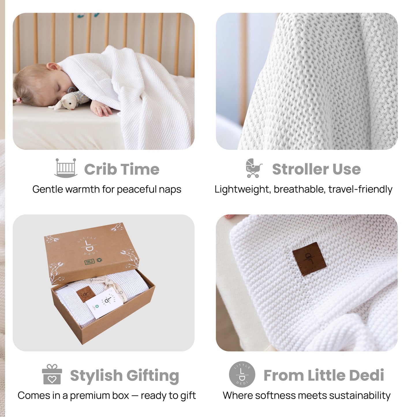 Little Dedi 100% Organic Cotton Baby Knitted Blanket with Gift Box - Soft Toddler, Crib, Stroller Blanket - Neutral Swaddle and Receiving Blanket for Newborns, 30"x40", White