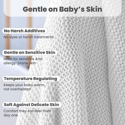 Little Dedi 100% Organic Cotton Baby Knitted Blanket with Gift Box - Soft Toddler, Crib, Stroller Blanket - Neutral Swaddle and Receiving Blanket for Newborns, 30"x40", White